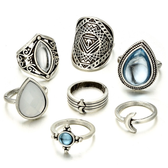 **LUCINDA* 7-Pc Silver x Blue Fashion Ring Set - Picture 9 of 10